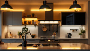 A photograph of a beautifully lit kitchen showcasing stylish over cupboard lighting