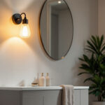 A photograph of a stylish lecompton vanity light installed in a beautifully designed bathroom