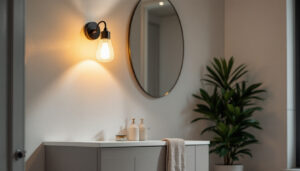 A photograph of a stylish lecompton vanity light installed in a beautifully designed bathroom