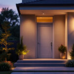 A photograph of a beautifully designed front door light fixture in an inviting outdoor setting