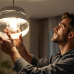 A photograph of a skilled lighting contractor installing a modern ceiling lamp fixture in a beautifully designed room