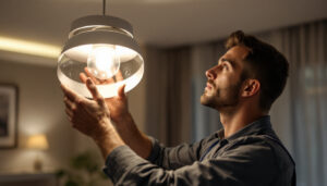 A photograph of a skilled lighting contractor installing a modern ceiling lamp fixture in a beautifully designed room