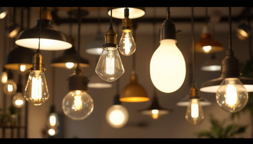 A photograph of a variety of light fixtures in a well-lit interior setting