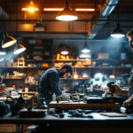 A photograph of a well-lit workshop or garage space featuring various types of shop lights in use