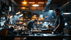 A photograph of a well-lit workshop or garage space featuring various types of shop lights in use