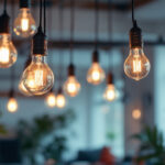 A photograph of a well-lit indoor space showcasing various types of light bulbs in use