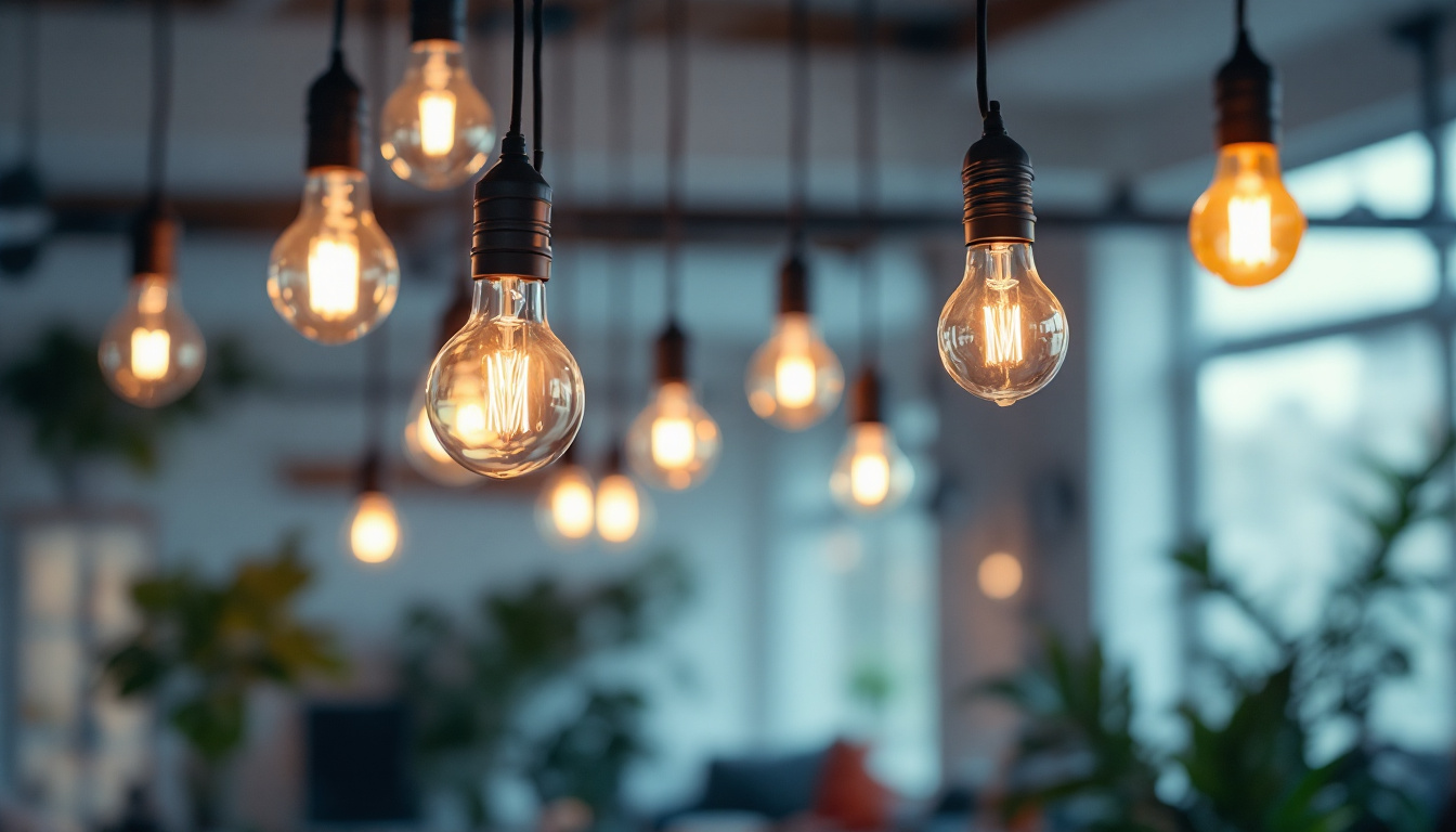 A photograph of a well-lit indoor space showcasing various types of light bulbs in use