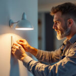 A photograph of a lighting contractor installing a lamp switch timer in a modern home setting