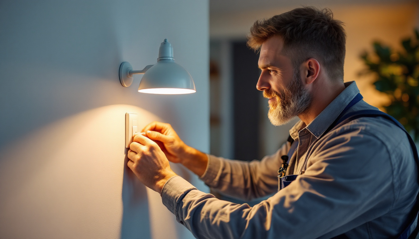 A photograph of a lighting contractor installing a lamp switch timer in a modern home setting