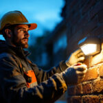A photograph of a skilled lighting contractor installing a motion sensor light outdoors at dusk