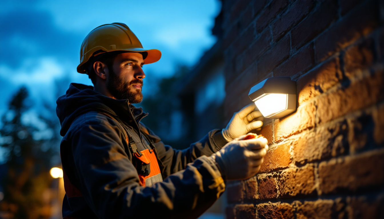 A photograph of a skilled lighting contractor installing a motion sensor light outdoors at dusk