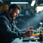 A photograph of a skilled lighting contractor examining various light fixtures and tools in a well-lit workspace