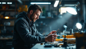 A photograph of a skilled lighting contractor examining various light fixtures and tools in a well-lit workspace