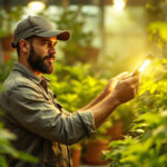 A photograph of a lighting contractor installing or adjusting an led plant grow light in a vibrant indoor garden or greenhouse setting