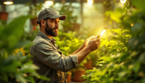 A photograph of a lighting contractor installing or adjusting an led plant grow light in a vibrant indoor garden or greenhouse setting