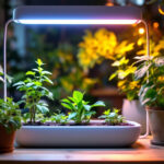 A photograph of a modern uv plant growing lamp in a well-lit indoor gardening setup