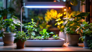 A photograph of a modern uv plant growing lamp in a well-lit indoor gardening setup