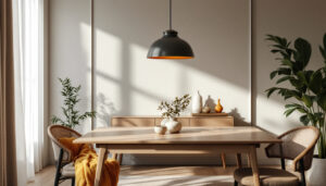 A photograph of a beautifully styled dining room featuring an elegant hanging lamp as the focal point