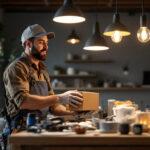 A photograph of a lighting contractor in action