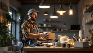 A photograph of a lighting contractor in action