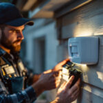 A photograph of a lighting contractor installing an outside motion sensor alarm on a residential property