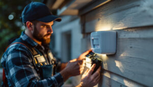 A photograph of a lighting contractor installing an outside motion sensor alarm on a residential property
