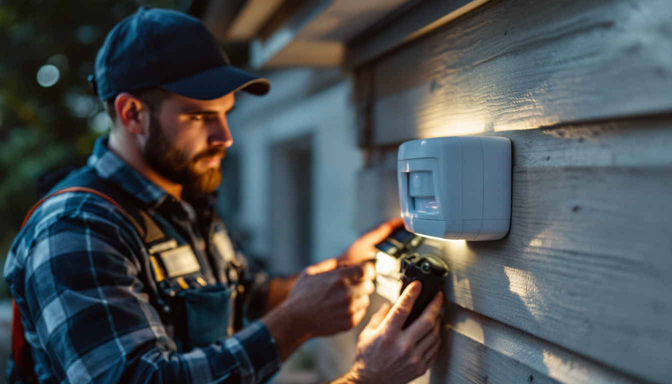 A photograph of a lighting contractor installing an outside motion sensor alarm on a residential property