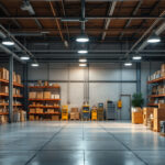 A photograph of a well-organized warehouse space showcasing various types of lighting fixtures and shelving units