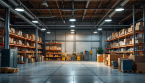 A photograph of a well-organized warehouse space showcasing various types of lighting fixtures and shelving units