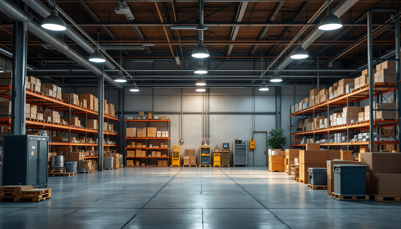 A photograph of a well-organized warehouse space showcasing various types of lighting fixtures and shelving units