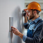 A photograph of a lighting contractor installing a modern light switch box in a stylish home setting