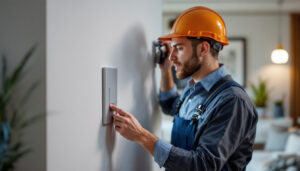 A photograph of a lighting contractor installing a modern light switch box in a stylish home setting