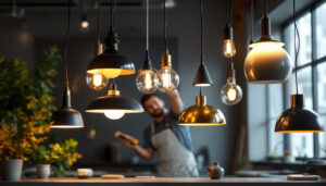 A photograph of a stylishly arranged selection of pendant lights in various designs and finishes