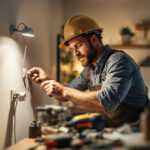 A photograph of a lighting contractor skillfully installing or troubleshooting electric sockets in a well-lit residential setting
