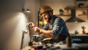 A photograph of a lighting contractor skillfully installing or troubleshooting electric sockets in a well-lit residential setting