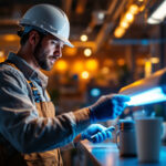 A photograph of a lighting contractor in action