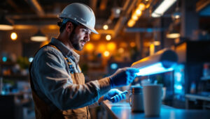 A photograph of a lighting contractor in action