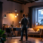 A photograph of a lighting contractor at work