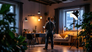A photograph of a lighting contractor at work