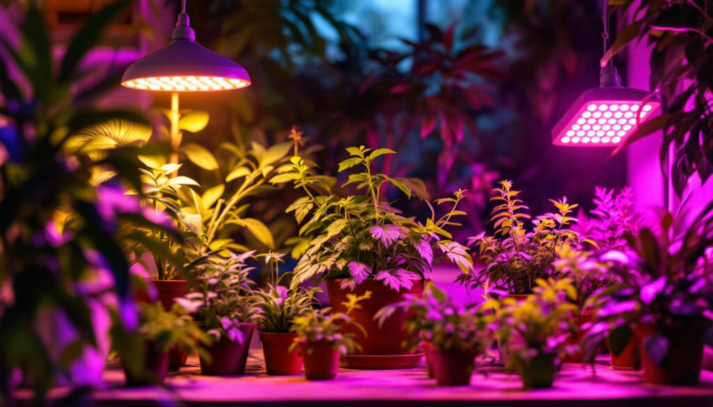 A photograph of a vibrant indoor garden scene featuring various plants illuminated by soft