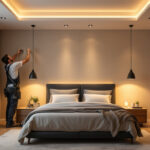 A photograph of a well-lit bedroom featuring stylish recessed lighting