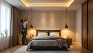 A photograph of a well-lit bedroom featuring stylish recessed lighting