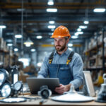A photograph of capture a photograph of a lighting contractor examining various industrial lighting products in a well-lit warehouse setting