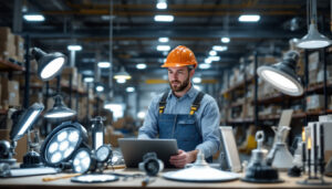A photograph of capture a photograph of a lighting contractor examining various industrial lighting products in a well-lit warehouse setting
