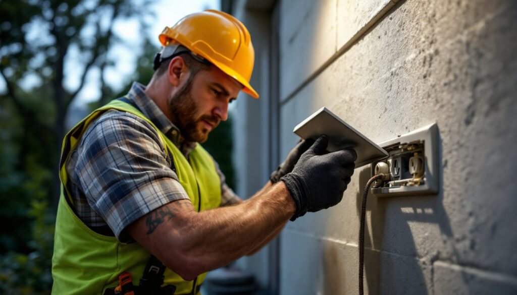 A photograph of a skilled lighting contractor installing a high-quality cover for an outdoor electrical outlet