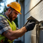 A photograph of a skilled lighting contractor installing a high-quality cover for an outdoor electrical outlet