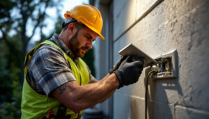 A photograph of a skilled lighting contractor installing a high-quality cover for an outdoor electrical outlet