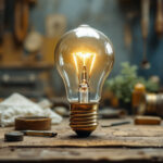 A photograph of a vintage light bulb alongside an array of historical tools and materials used in its creation