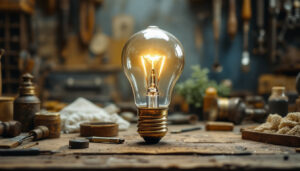 A photograph of a vintage light bulb alongside an array of historical tools and materials used in its creation
