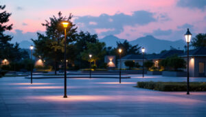 A photograph of a well-lit outdoor space featuring various styles of pole lights in use